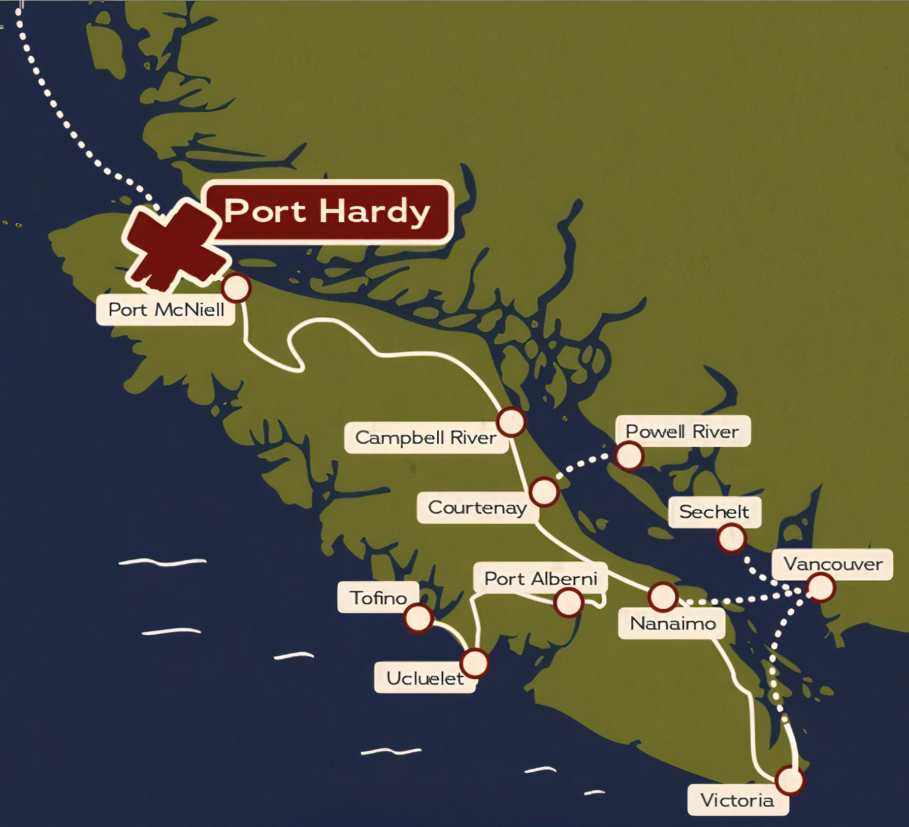 North Island Map showing all the tourist destination to be visited between Vancouver and port hardy